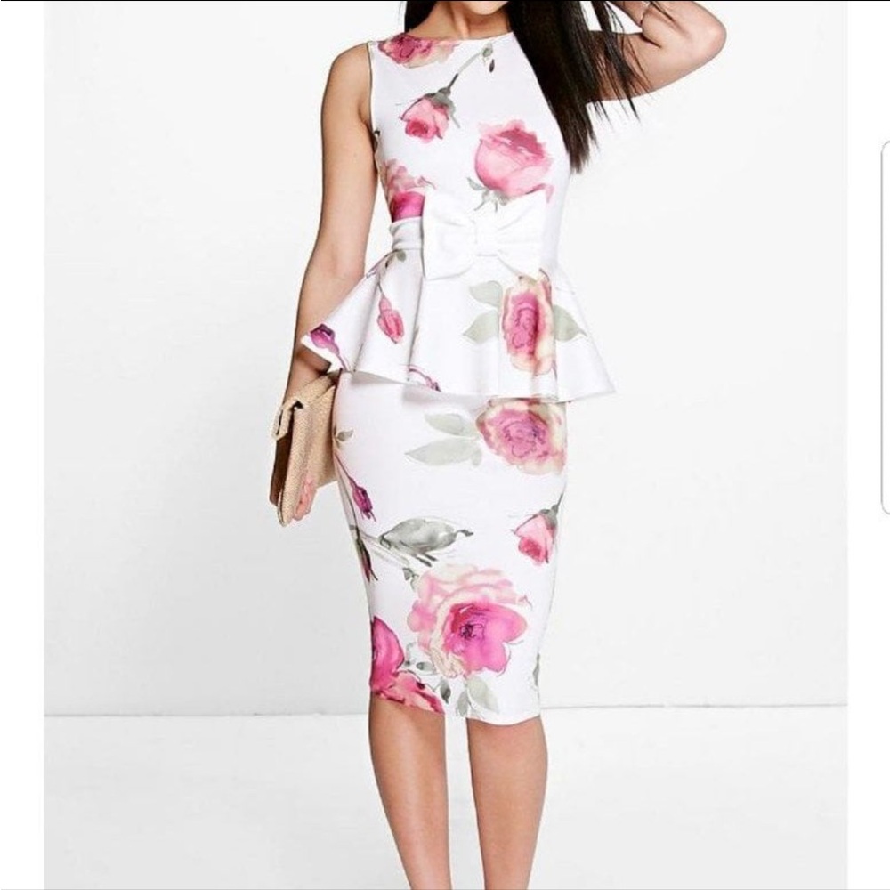 New Boohoo Floral Peplum Dress - Pink and Cream  12